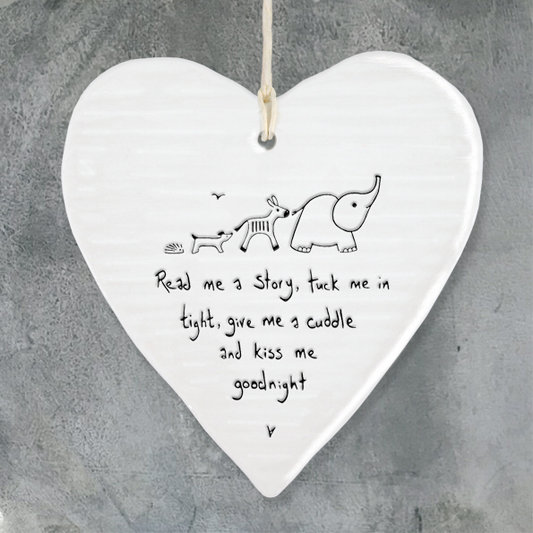 New baby gift. Read me a story, tuck me in tight, give me a cuddle and kiss me goodnight. Ceramic heart by East of India