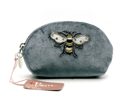 Grey velvet D purse with embellished beeby POM