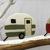 3 festive retro caravans. Hanging Christmas decoration by shoeless joe