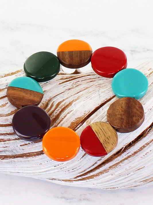 Elasticated wood & resin disc bracelet multi colour.