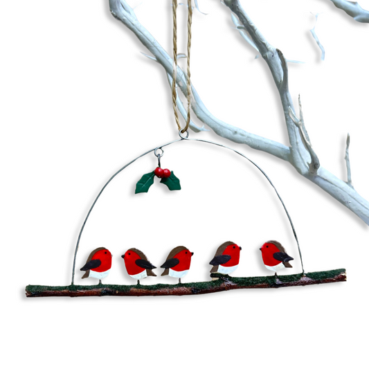 Five robins perched on a twig. Hanging decoration by Shoeless Joe