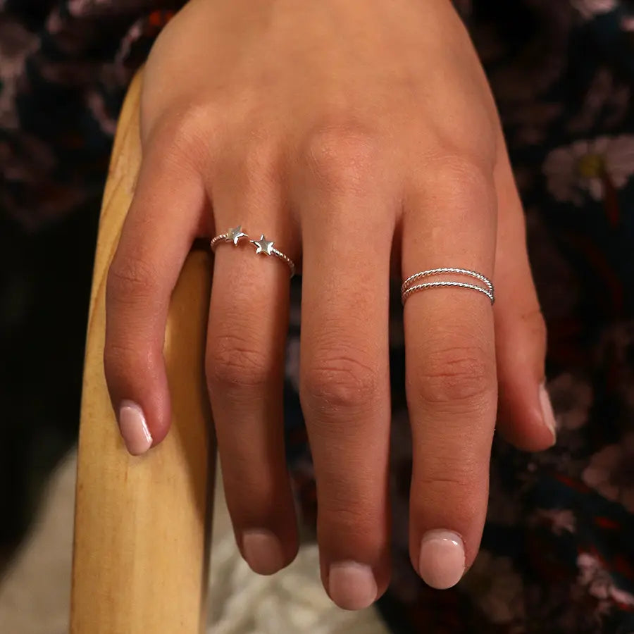 Sterling silver twist and stars ring