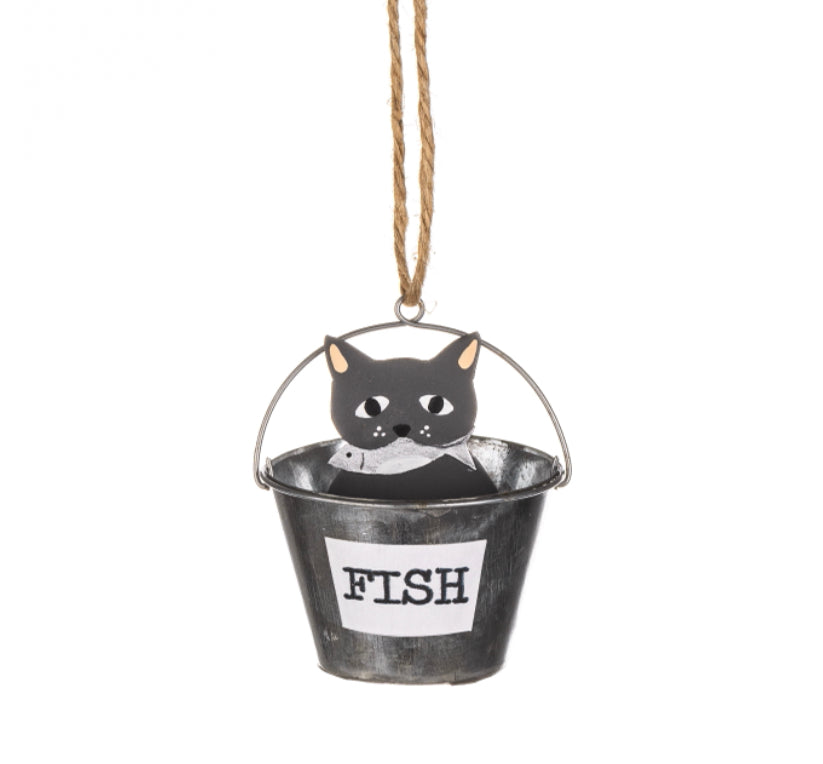 Cat in a fish bucket hanging decoration by Shoeless Joe
