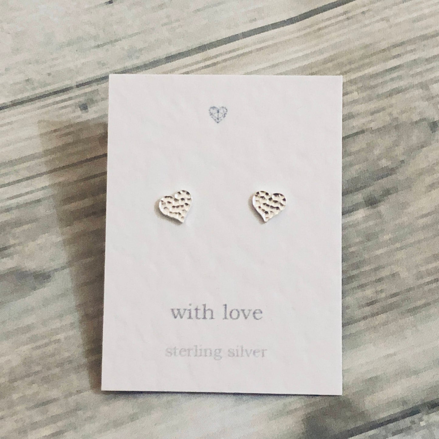 Textured hammered sterling silver heart stud earrings