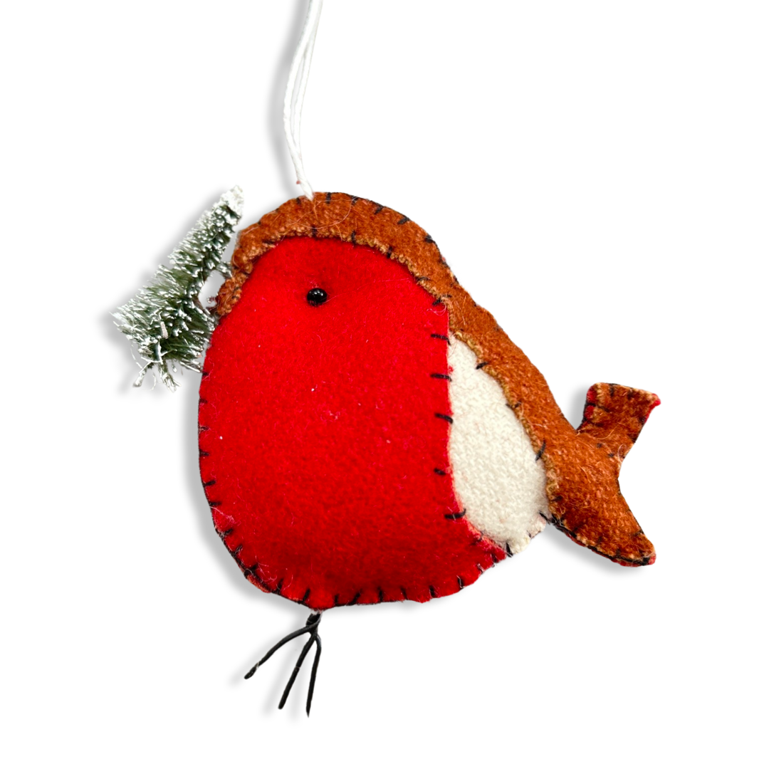 Felt robin with tree Christmas tree decoration