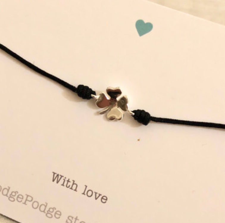 Four leaf clover sterling silver charm adjustable cord bracelet