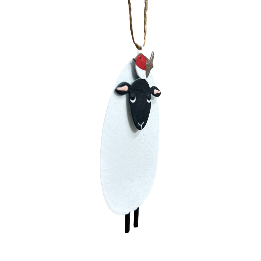 Sheep with robin friend on his head Christmas tree decoration