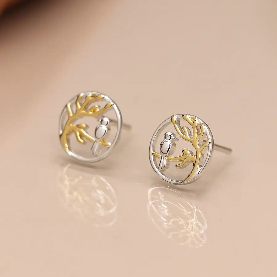 Sterling silver bird and gold tree circle earrings