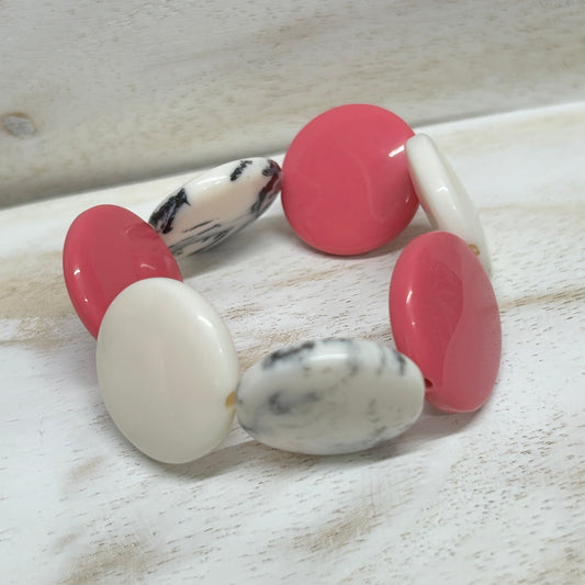 Elasticated resin disc bracelet by Suzie Blue- Pink, White and smokey grey.