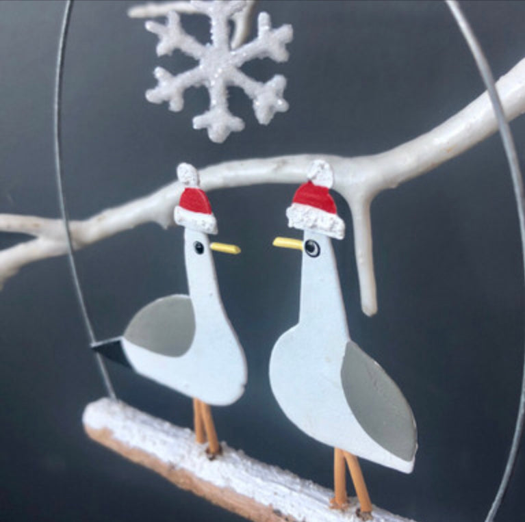 Two seagulls in Christmas hats , hanging decoration by Shoeless Joe