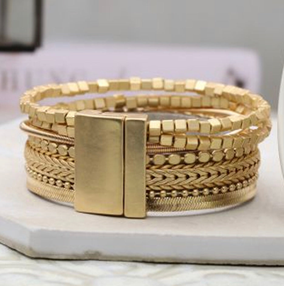 Wide multi strand golden mixed chain and bead bracelet by POM