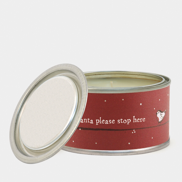 Santa please stop here . Tinned scented candle by East of India