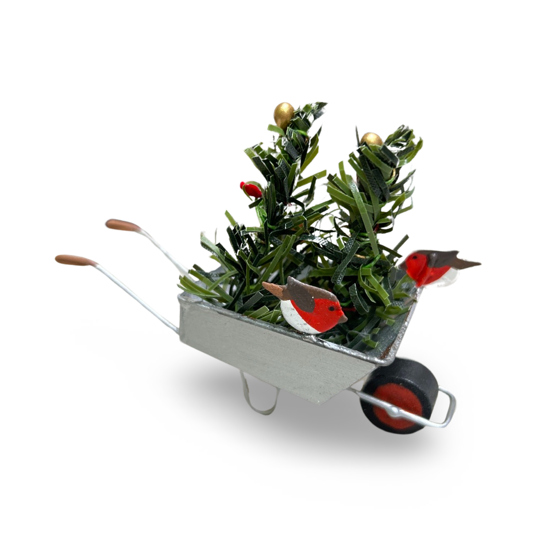 Robins on a wheel barrow standing ornament /Christmas cake topper