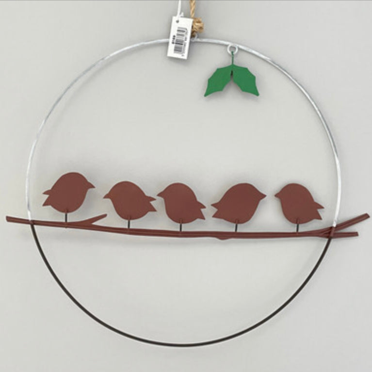 Five robins on a perch Christmas wreath by Shoeless Joe