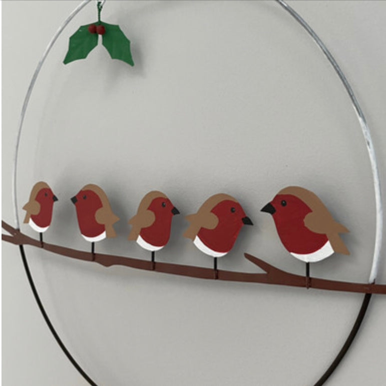 Five robins on a perch Christmas wreath by Shoeless Joe