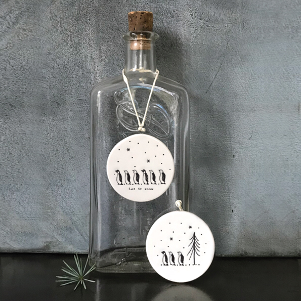 East of India flat porcelain baubles -Let it snow