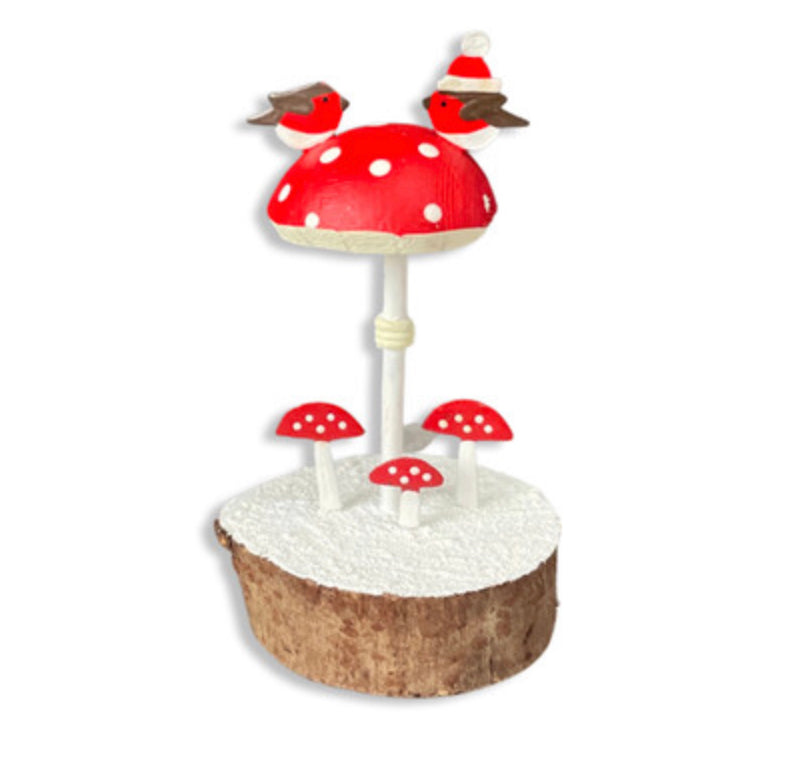 Robins on a toadstool standing Christmas ornament by Shoeless Joe