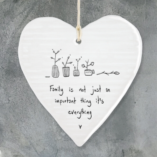 Family is not just an important thing it’s everything. Porcelain hanging heart by East of India
