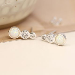Sterling silver double crystal and white opal stud earrings