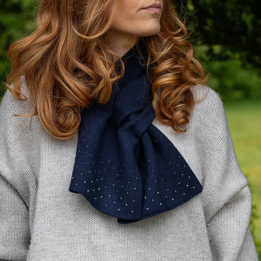 Navy fine knit pull through sparkle edge scarf