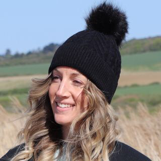 Black cable twist knit and faux fur bobble hat
