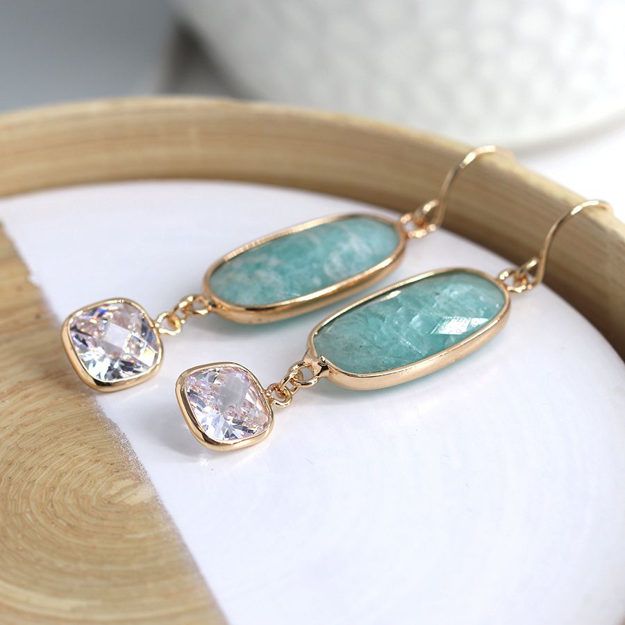 Aqua stone and crystal golden set drop earrings by POM