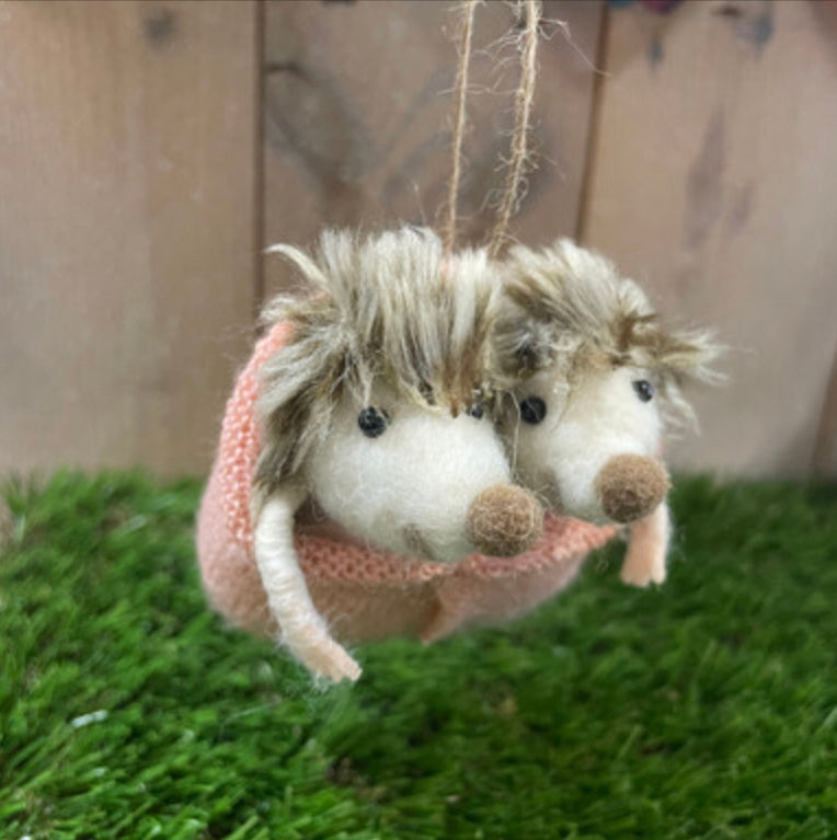 Hedgehogs in a sock sleeping bag hanging decoration by Shoeless Joe