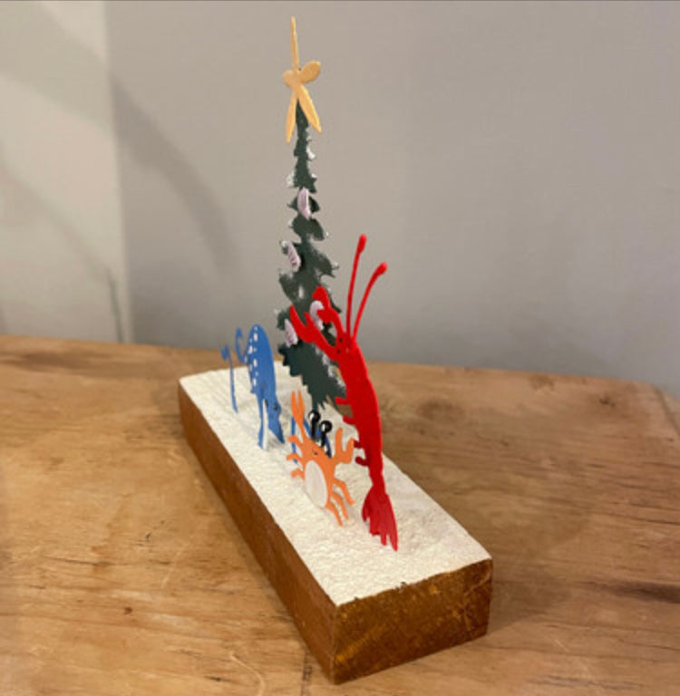 Lobster, octopus & crab decorating the Christmas tree. Standing ornament by Shoeless Joe