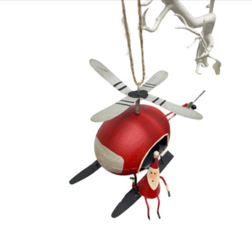 Father Christmas in a helicopter hanging Christmas decoration Shoeless Joe