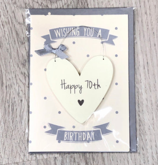 70th Birthday card with wooden hanging keepsake