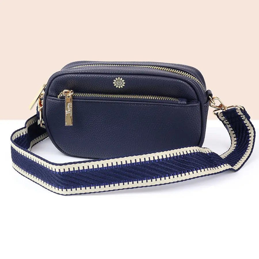Navy vegan leather camera bag with removable strap