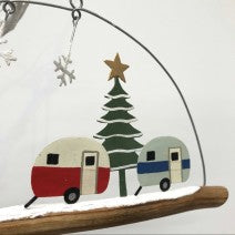 3 festive retro caravans. Hanging Christmas decoration by shoeless joe