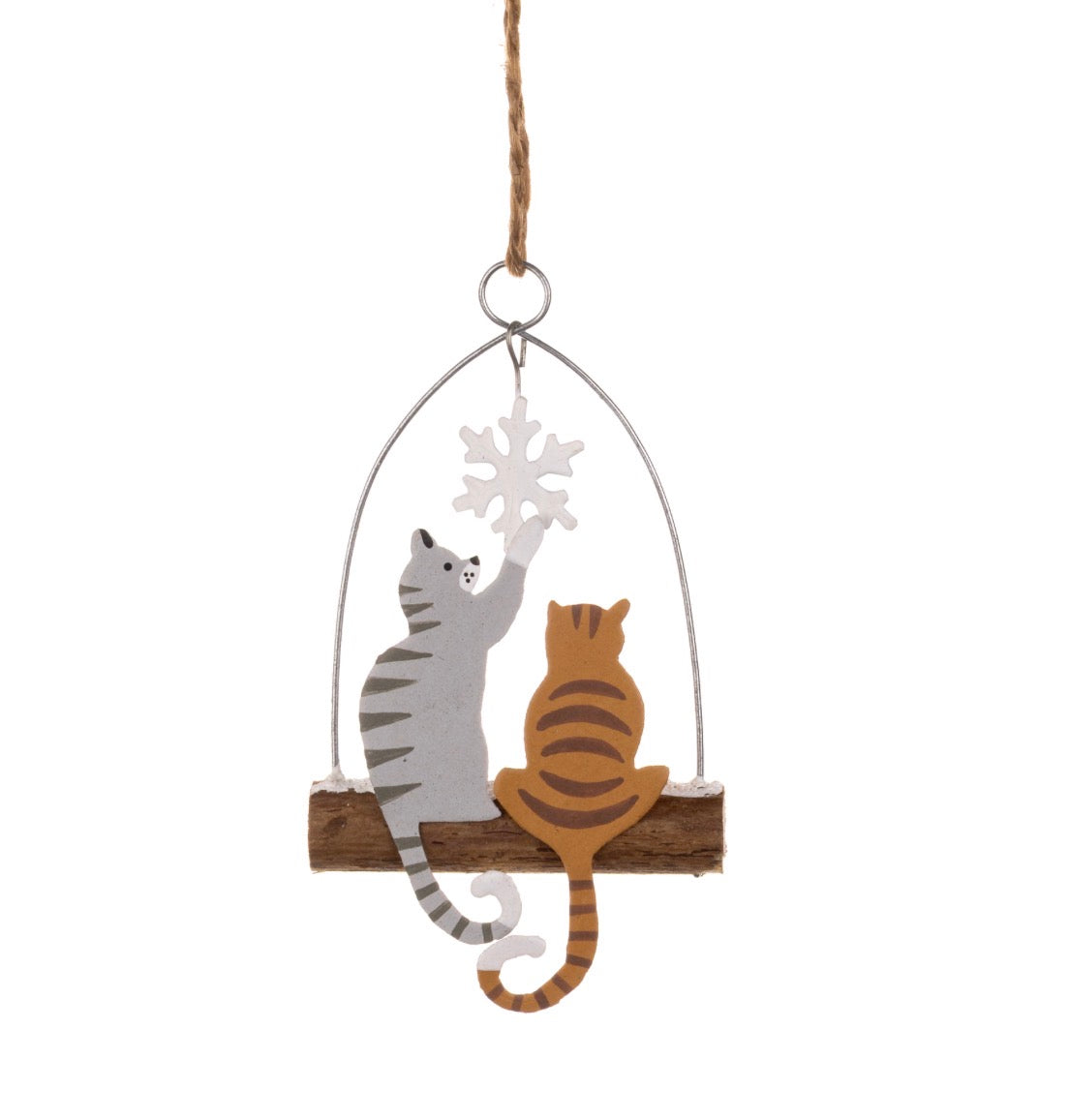Cats on a Snowy Log with Snowflake Christmas decoration