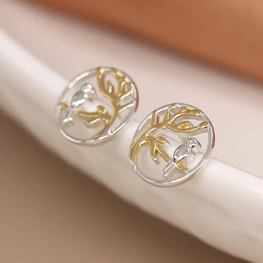 Sterling silver bird and gold tree circle earrings