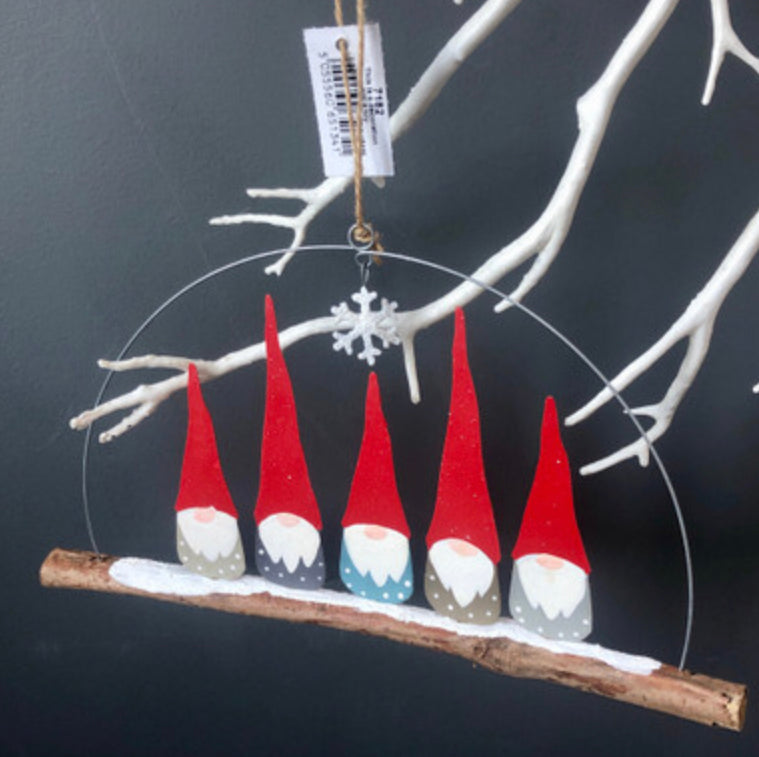 Five festive gnomes hanging decoration by Shoeless Joe