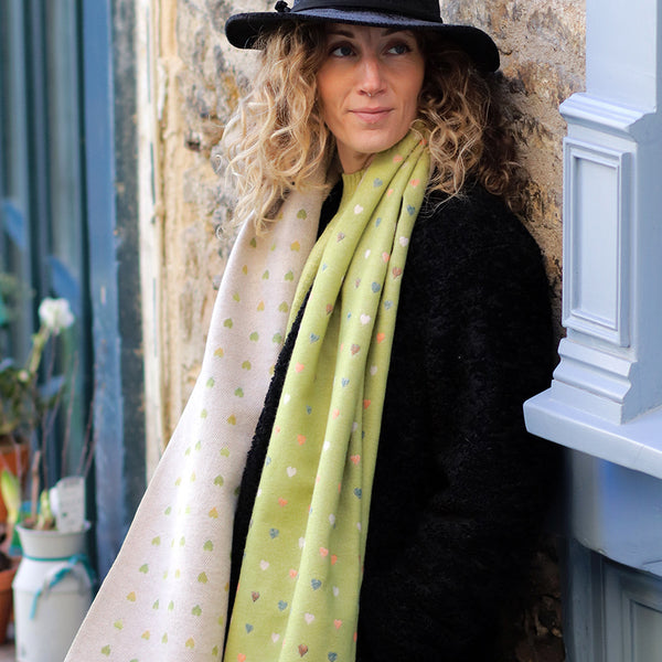 Tiny Hearts Reversible Jacquard Scarf Lime