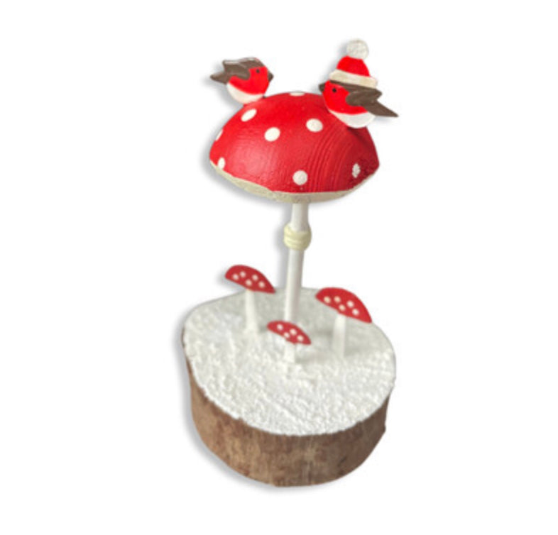 Robins on a toadstool standing Christmas ornament by Shoeless Joe
