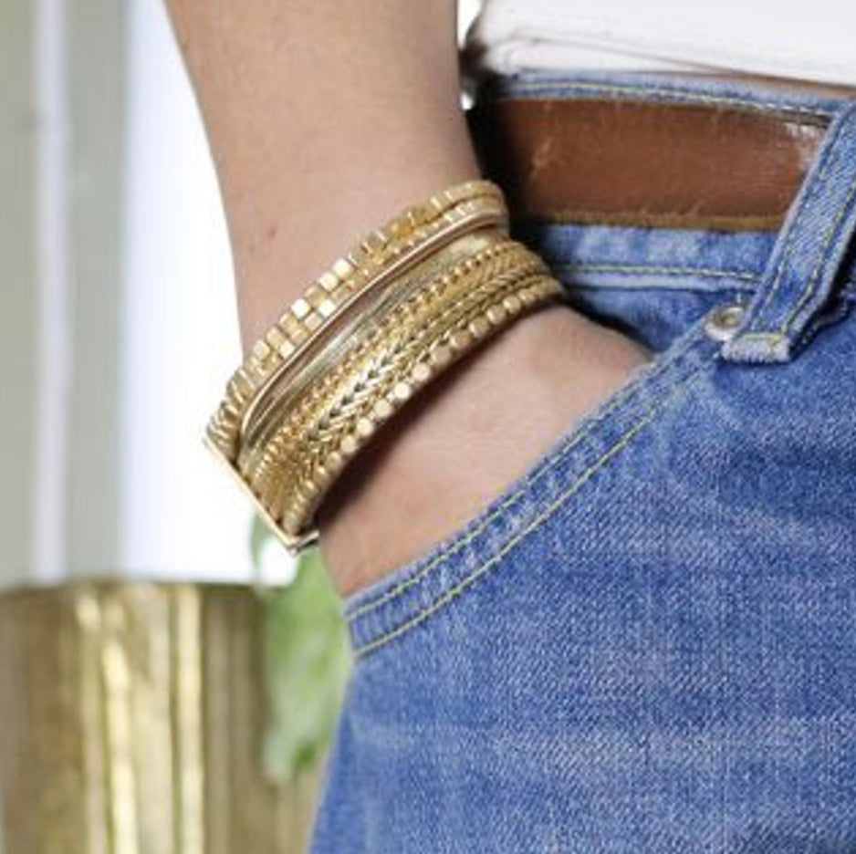 Wide multi strand golden mixed chain and bead bracelet by POM