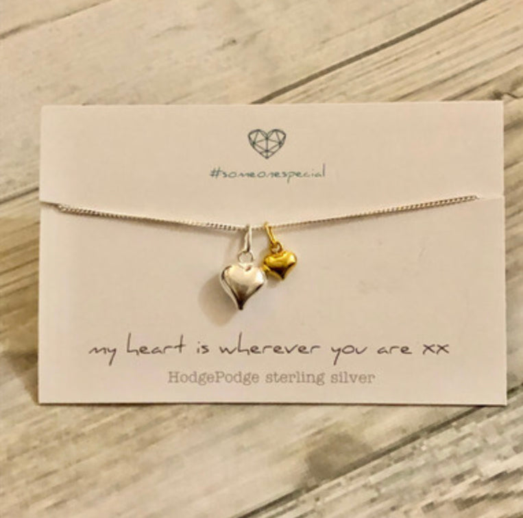 Double heart sterling silver and gold plate necklace. My heart is wherever you are.