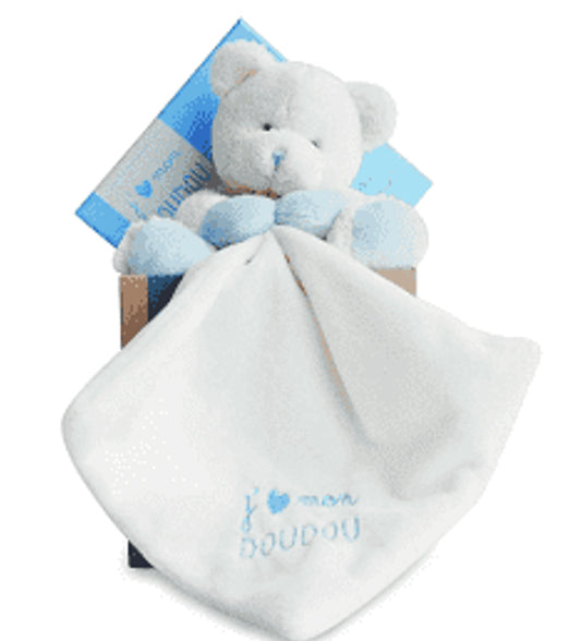 Bear with comfort blanket (blue ) by doudou et compagnie