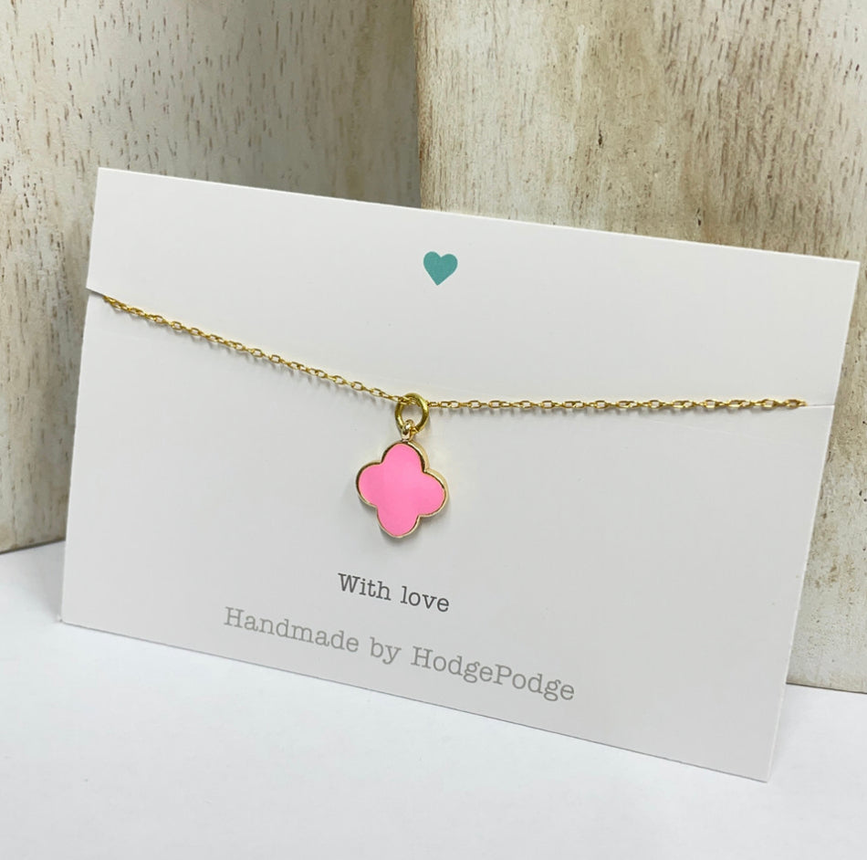 Enamel & gold clover necklace. Fine cable chain