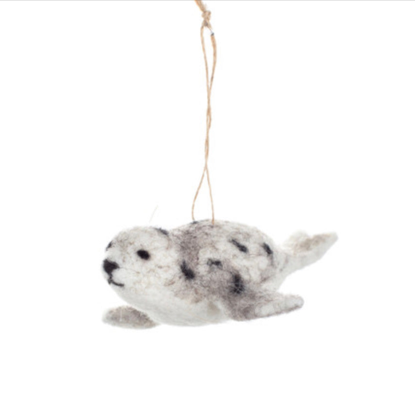 Harbour seal hanging felt decoration by Shoeless Joe