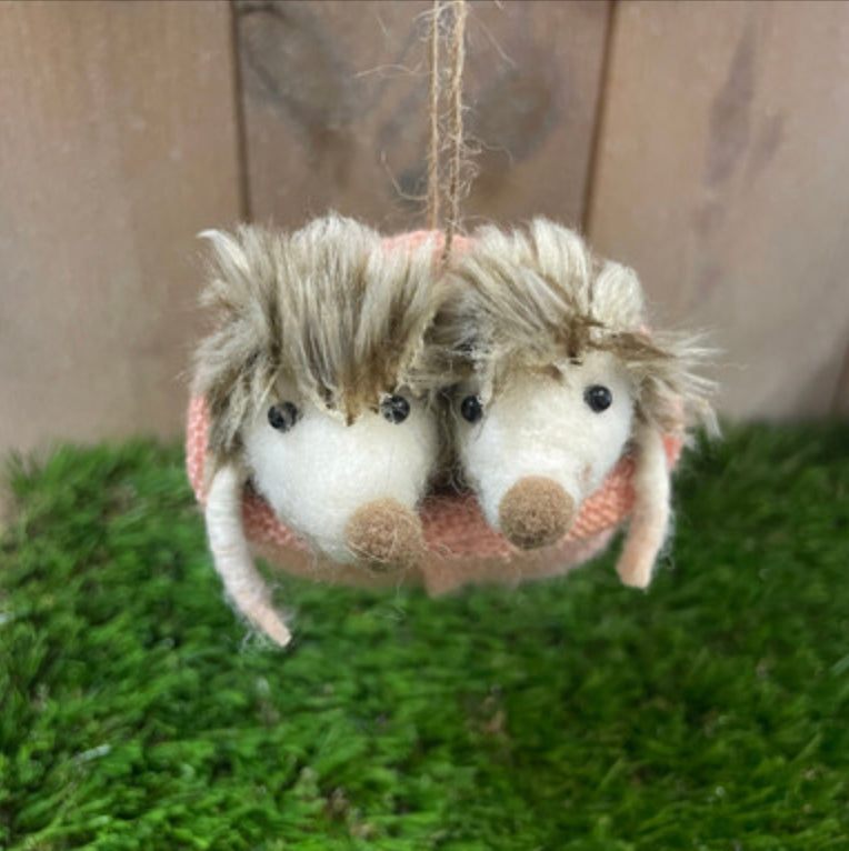 Hedgehogs in a sock sleeping bag hanging decoration by Shoeless Joe