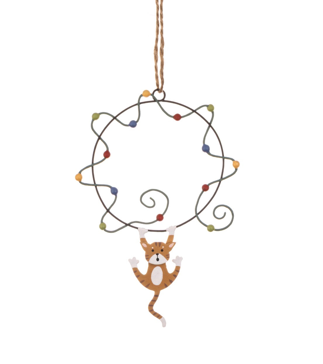 Red Tabby Cat hanging from Lights Christmas decoration