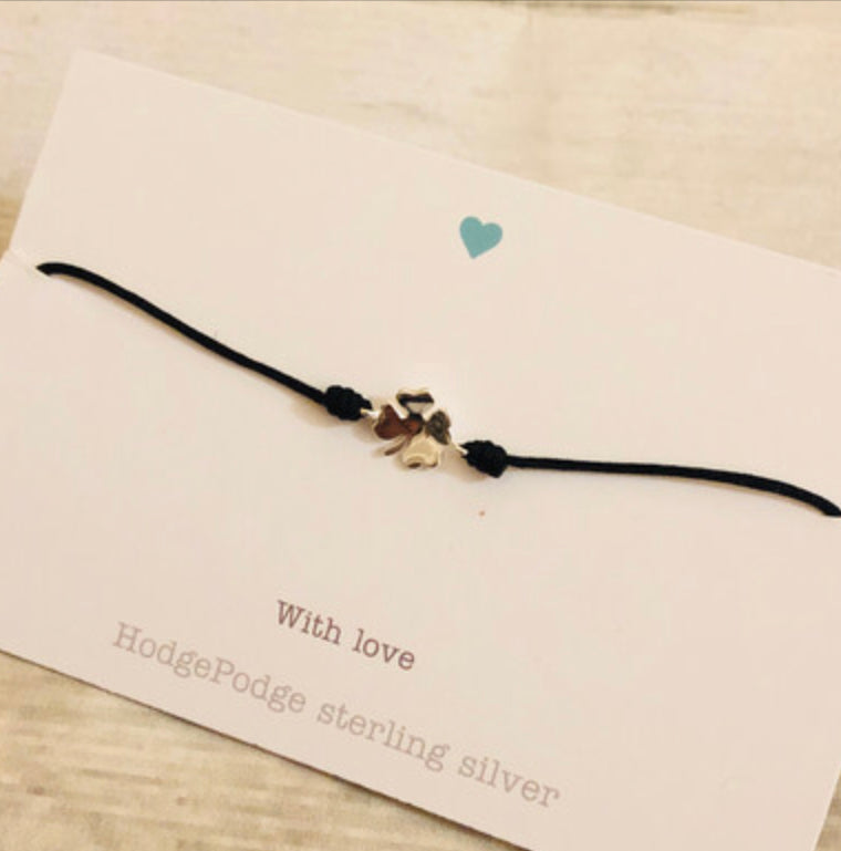 Four leaf clover sterling silver charm adjustable cord bracelet