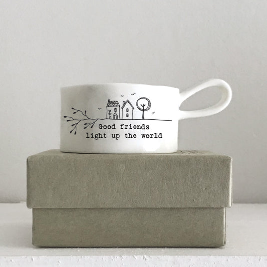 Good friends light up the world boxed ceramic tea light holder by East of India