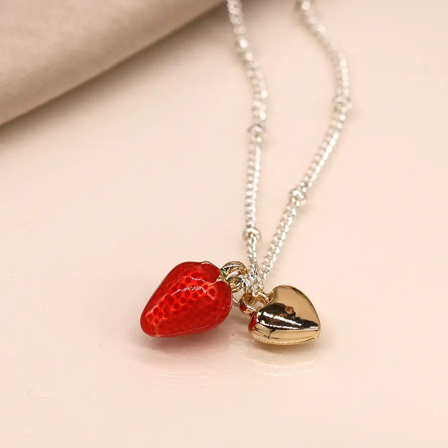 Silver plated necklace with enamel strawberry and golden heart