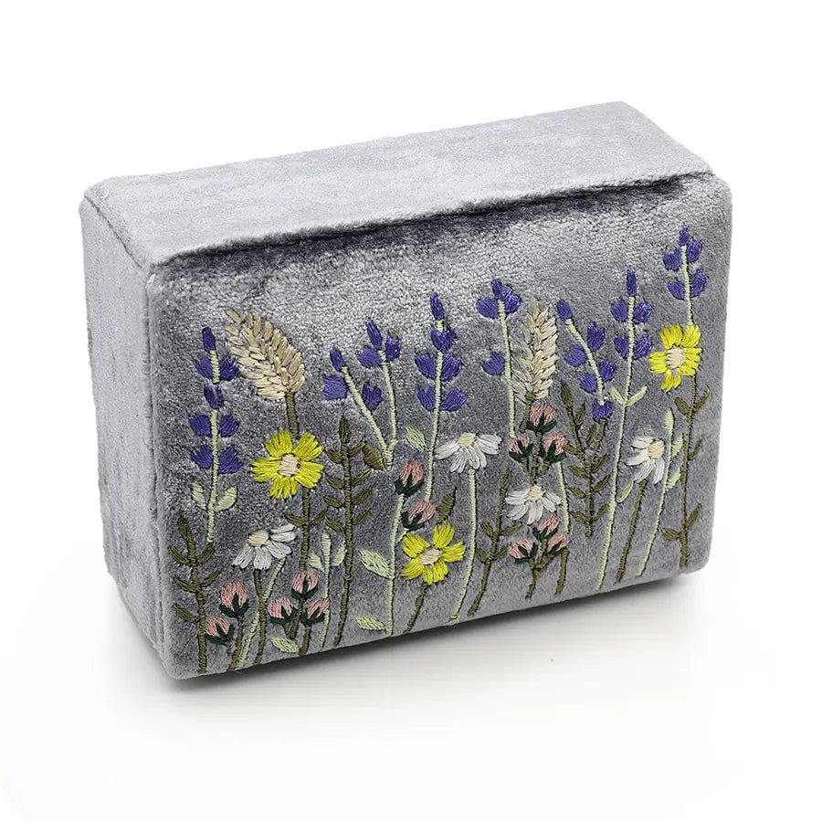 Grey velvet embroidered lavender jewellery box