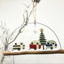 3 festive retro caravans. Hanging Christmas decoration by shoeless joe