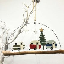 3 festive retro caravans.  Hanging Christmas decoration by shoeless joe